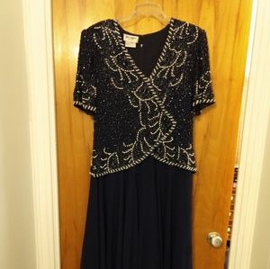 Navy Blue Beaded Evening Gown